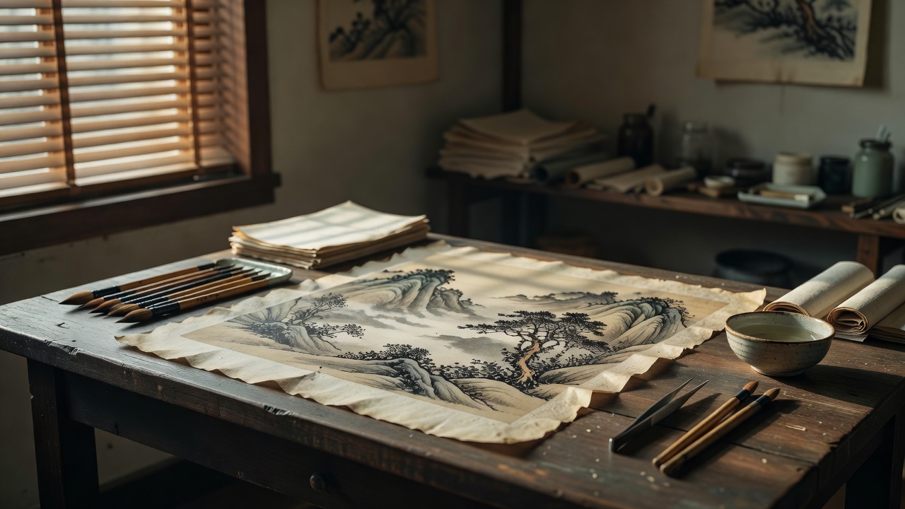 暖色调室内场景，窗边书桌上摊开的旧画与修复工具
